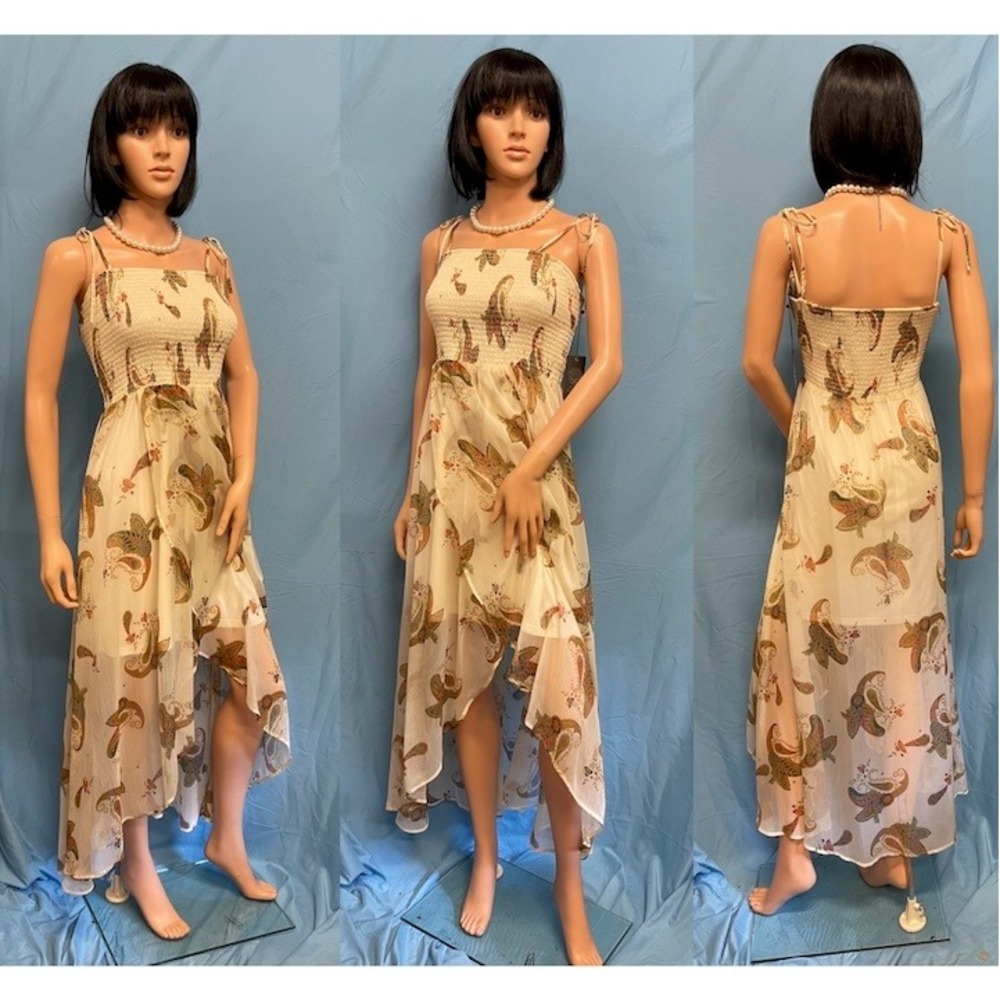 VINCE CAMUTO Flowing Beige & Paisley Scarf Midid Summer Dress L New‎